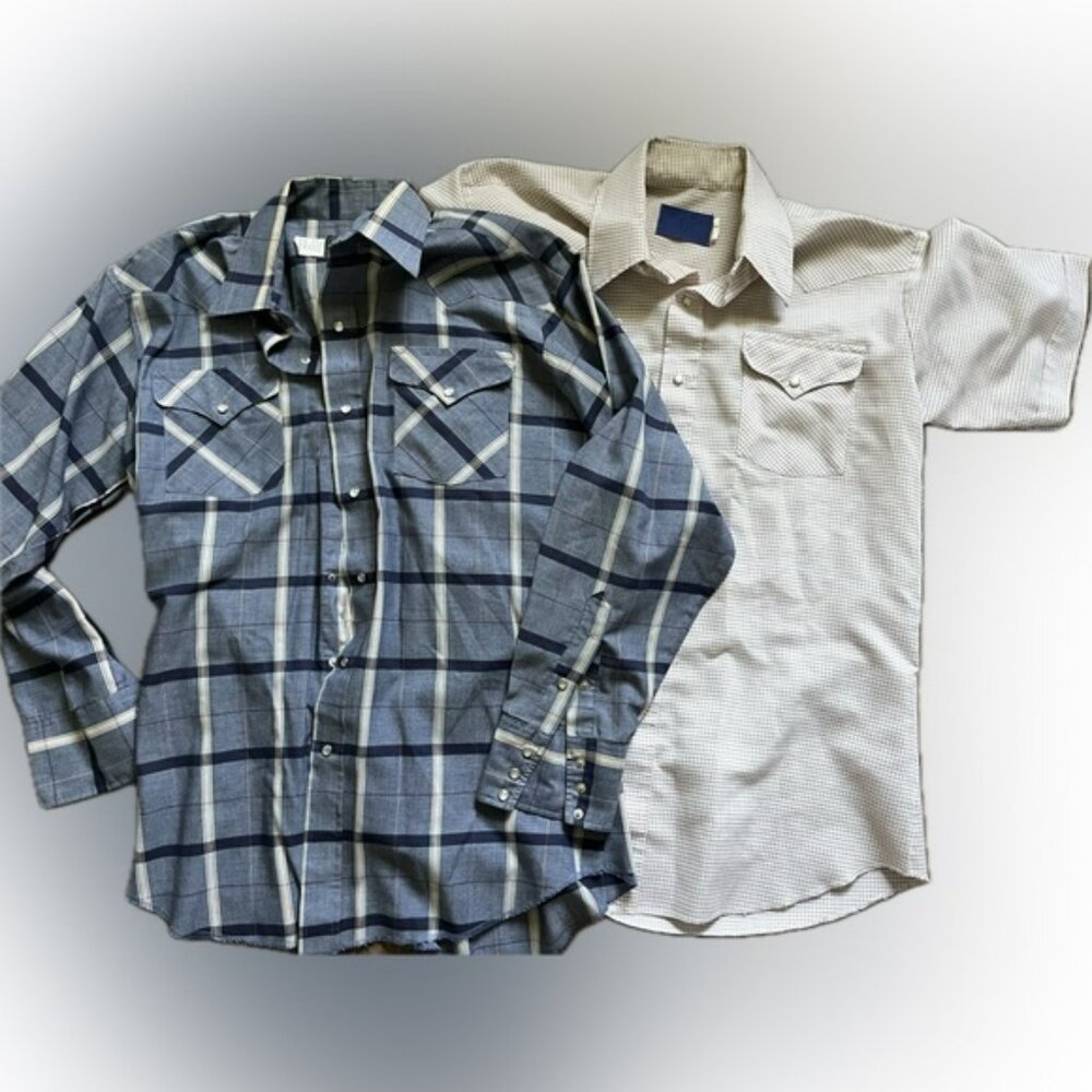 Lot of 2 Panhandle Navy and‎ Cream western pearl snap shirts men’s size large